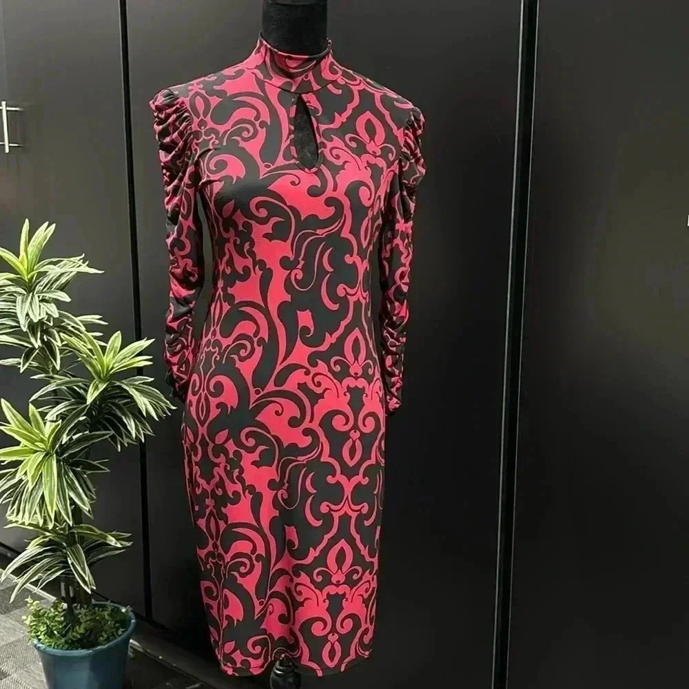INC Midi Fitted dress,keyhole high neck,long ruched sleeves,soft stretch,pattern